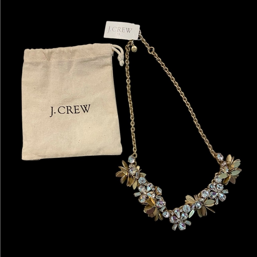 NWT! J. Crew Gold and Silver Floral Rhinestone Necklace w/Bag